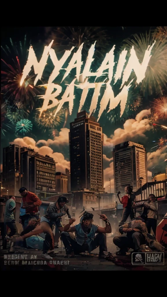 Description: A chaotic urban scene with several large buildings as the main background. Gangsters are roaming the streets, creating an atmosphere of disorder. The focus is on two individuals engaged in a drug deal, looking directly at the viewer. The sky is filled with festive fireworks under the light of a full moon.