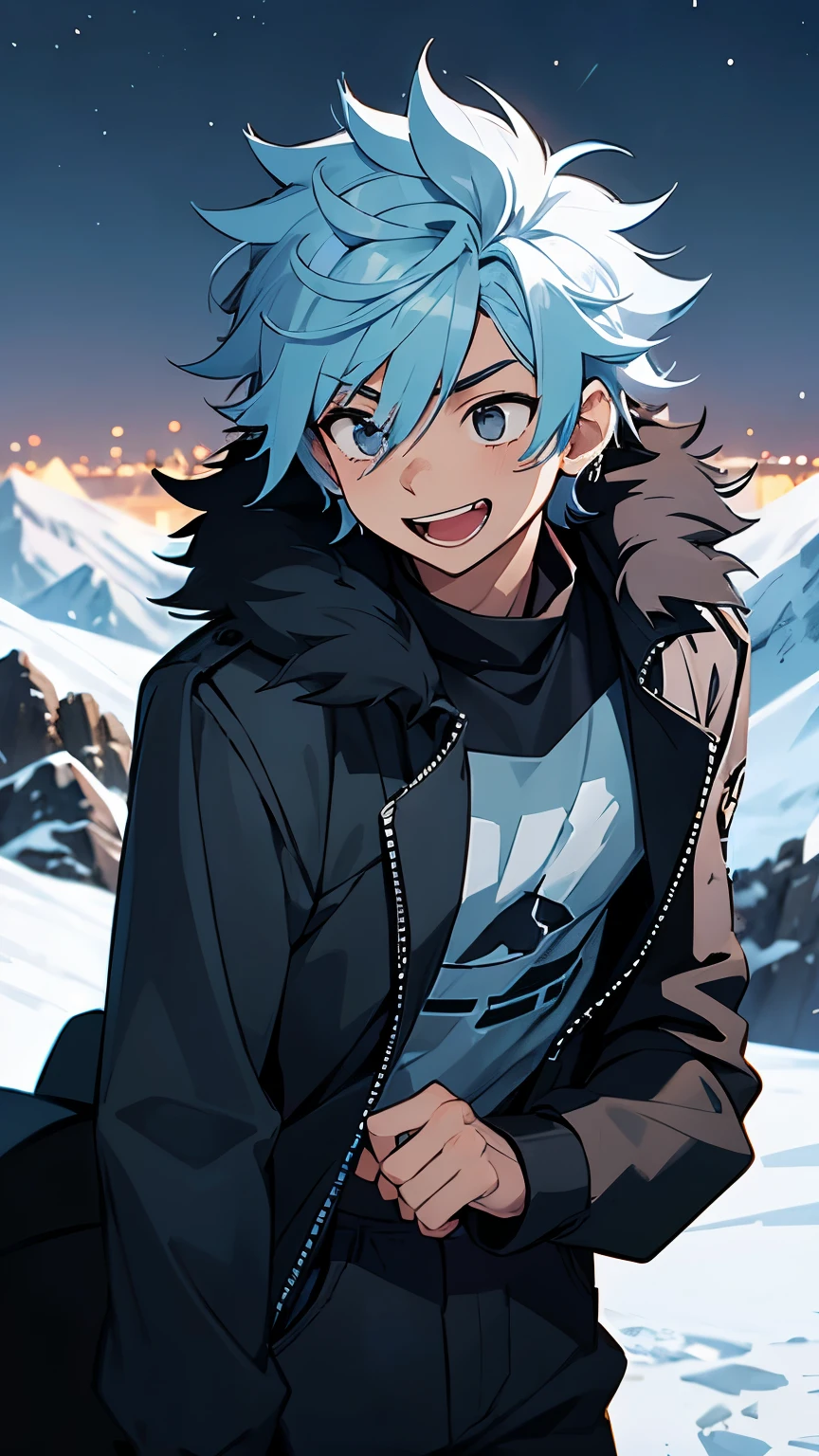 Young male, light skin, light blue hair, messy hair, black eyes, black coat with fur on the sleeve, blue shirt, black sweatpants, on a snowy mountain at night, laughing
