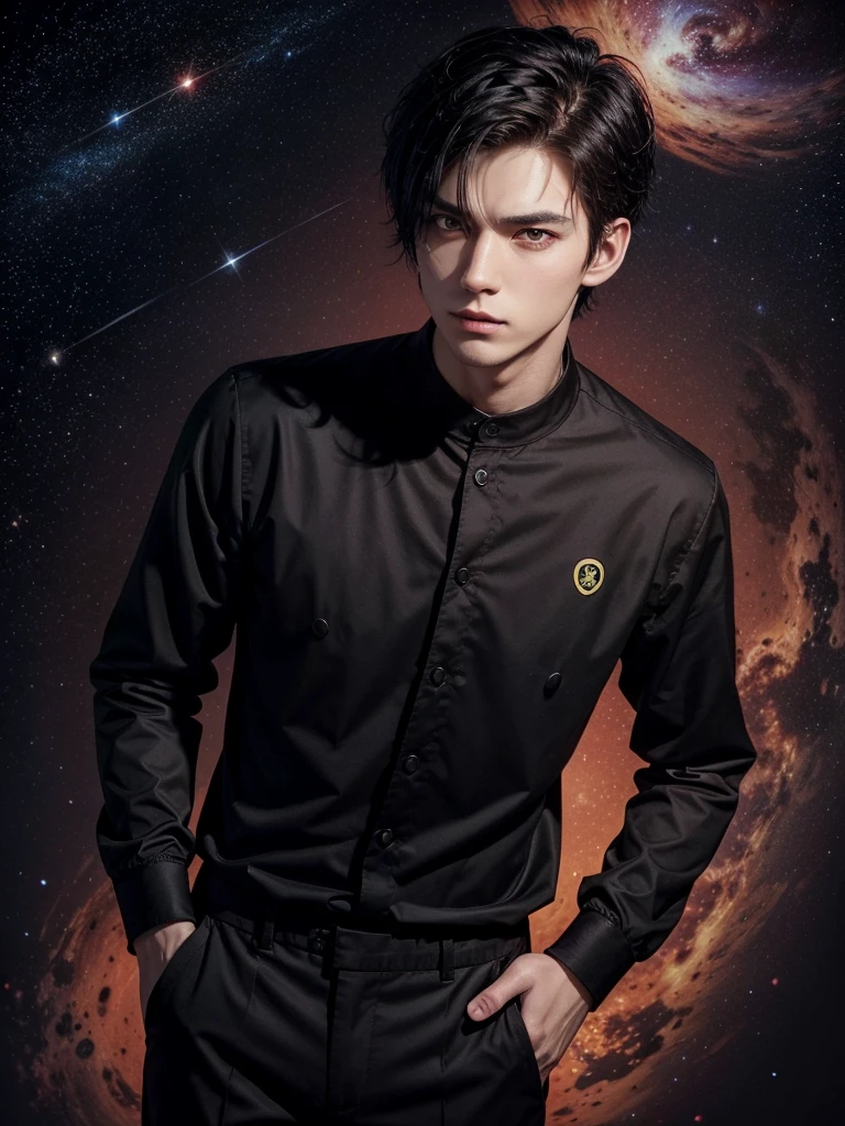 a slender attractive handsome man, short messy spiky reddish black hair, black eyes, wearing a uniform consisting of a red long sleeve shirt with V collar, the shirts have the lotus symbol, and black pants background the galaxy constellation