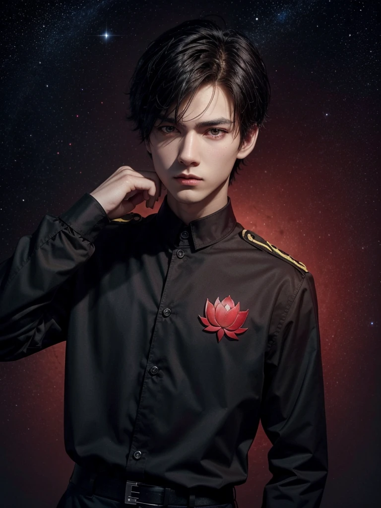 a slender attractive handsome man, short messy spiky reddish black hair, black eyes, wearing a uniform consisting of a red long sleeve shirt with V collar, the shirts have the lotus symbol, and black pants background the galaxy constellation
