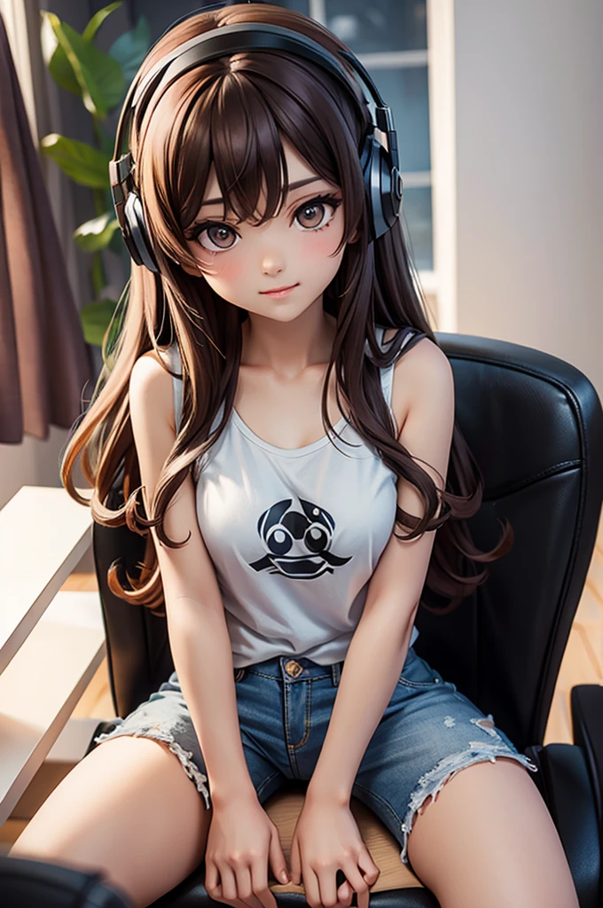 long curly brown hair, brown eyes, sitting at desk, gamer headset, gamer chair, gamer phone, pale skin, thick thighs, tank top, shorts