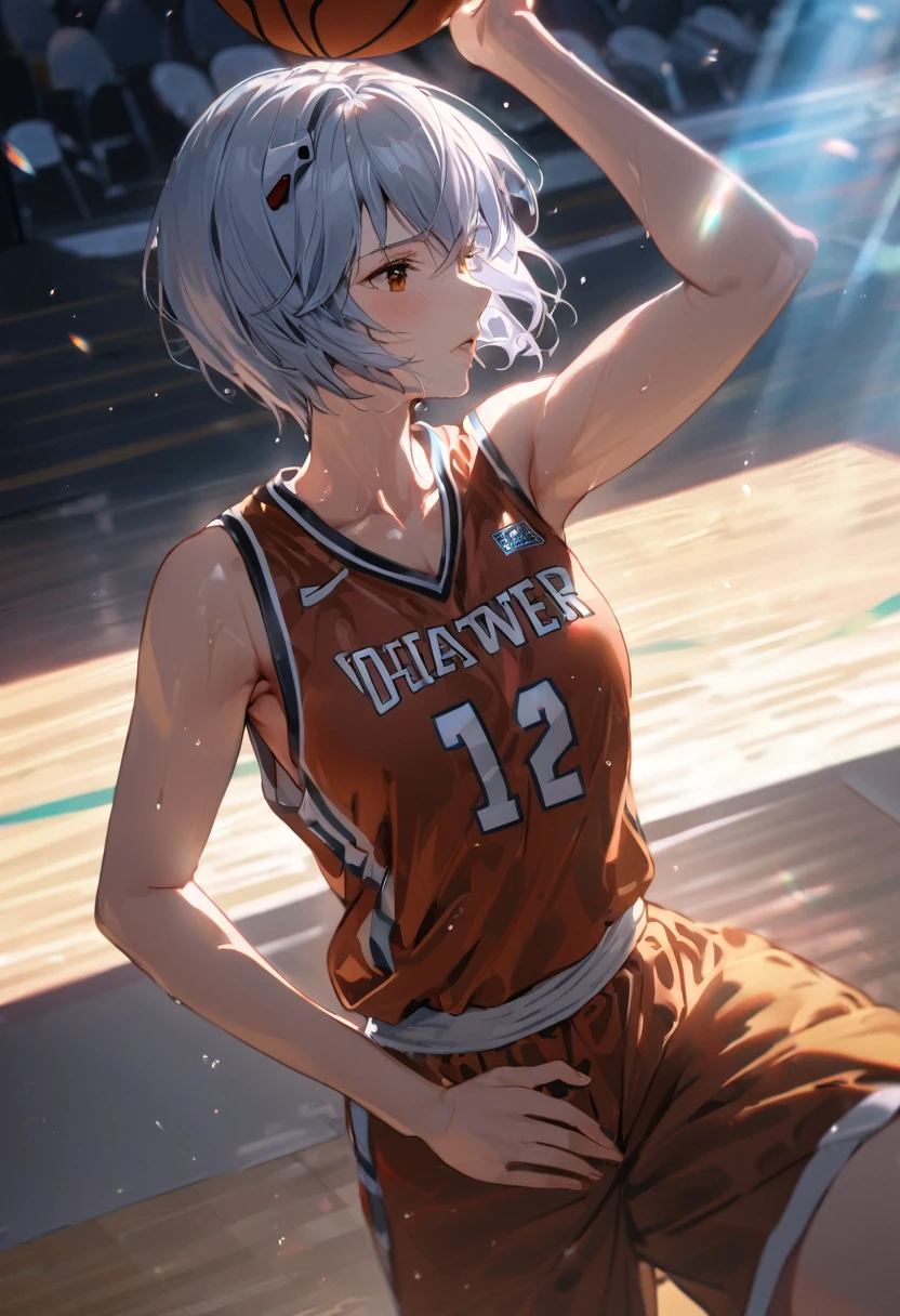 (Mastepiece, best quality, absurdres), close up shot, 1girl, ayanami rei, light blue hair, short hair, mature female, holding a basketball in hand, wearing a basketball jersey, basketball court, looking at wiewer, sweating, 8k intricate illustration, dynamic pose, cinematic lighting, volumetric lighting, vibrant colors, ray tracing, intricate details, 