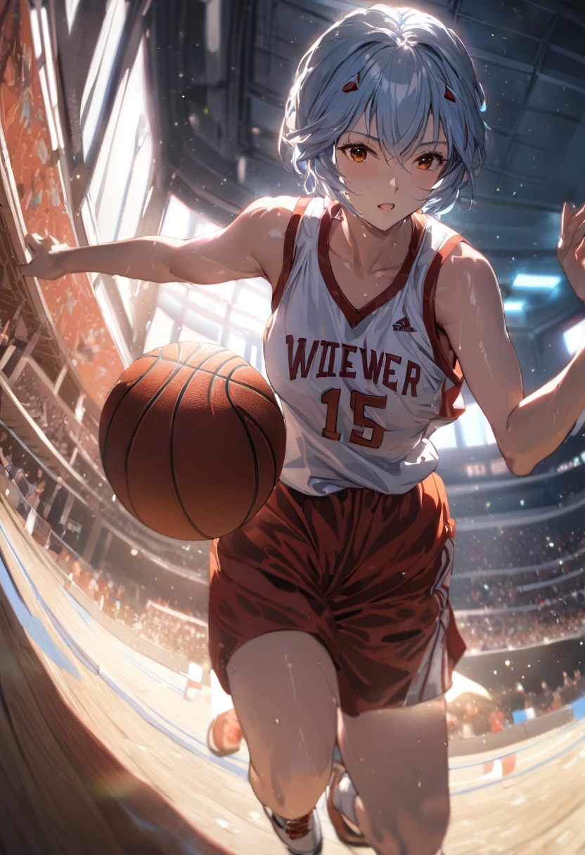 (Mastepiece, best quality, absurdres), close up shot, 1girl, ayanami rei, light blue hair, short hair, mature female, holding a basketball in hand, wearing a basketball jersey, basketball court, looking at wiewer, sweating, 8k intricate illustration, dynamic pose, cinematic lighting, volumetric lighting, vibrant colors, ray tracing, intricate details,