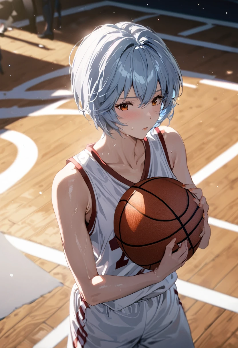 (Mastepiece, best quality, absurdres), close up shot, 1girl, ayanami rei, light blue hair, short hair, mature female, holding a basketball in hand, wearing a basketball jersey, basketball court, looking at wiewer, sweating, 8k intricate illustration, dynamic pose, cinematic lighting, volumetric lighting, vibrant colors, ray tracing, intricate details,