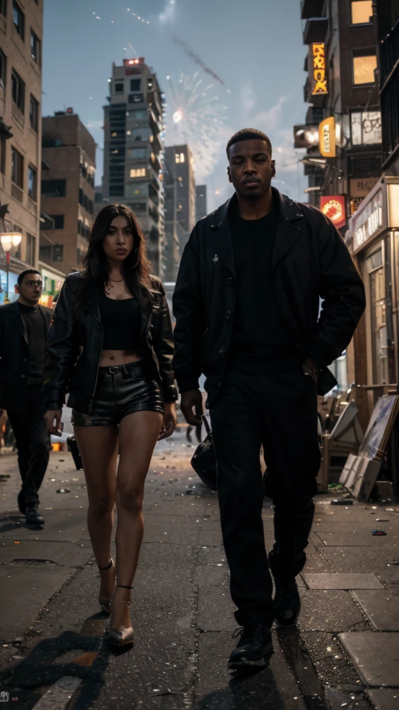 Description: A chaotic urban scene with several large buildings as the main background. Gangsters are roaming the streets, creating an atmosphere of disorder. The focus is on two individuals engaged in a drug deal, looking directly at the viewer. The sky is filled with festive fireworks under the light of a full moon.
