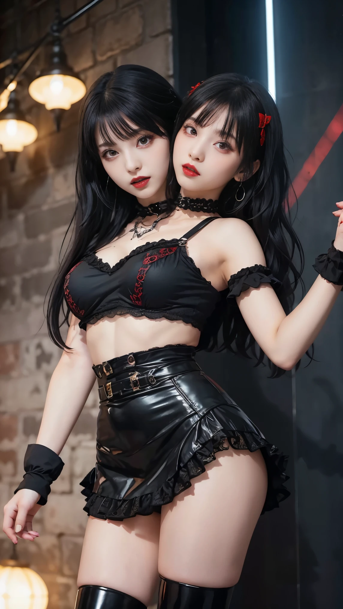 Vampire idol in gothic punk style..、big and full breasts、beautiful foot、、、Good style、、、Gothic punk black and red lolita fashion.（、a miniskirt）、、、Black hair with red mesh..、absolutely、cool expression、Illuminated by a red spotlight, united_dicephalus, (Two heads:1.2), whole body, posing, hand signals