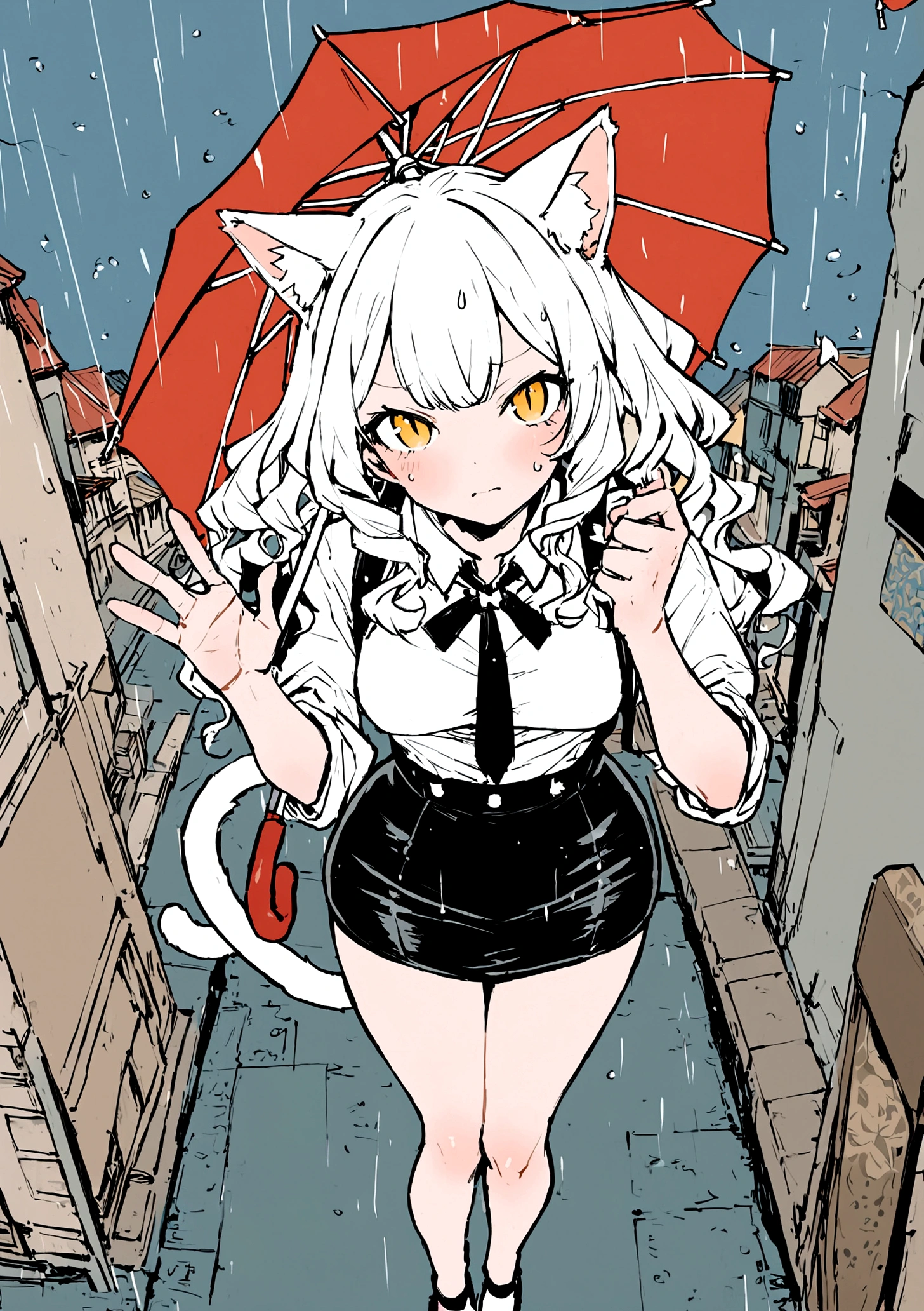 Composition from above, Composition from above, white髪ボブカットの女性, looking at viewer, Holding a red umbrella, Golden Eyes, waving, wavy hair, Troubled expression, suit, whiteいシャツ, mini skirt, tights, medium chest, comical, Simple Background, In town, Extremely heavy rain, Cat Eyes, cat tail, Cat ear, white, black, green, ivory, lineart, bold line, Ukiyo-e