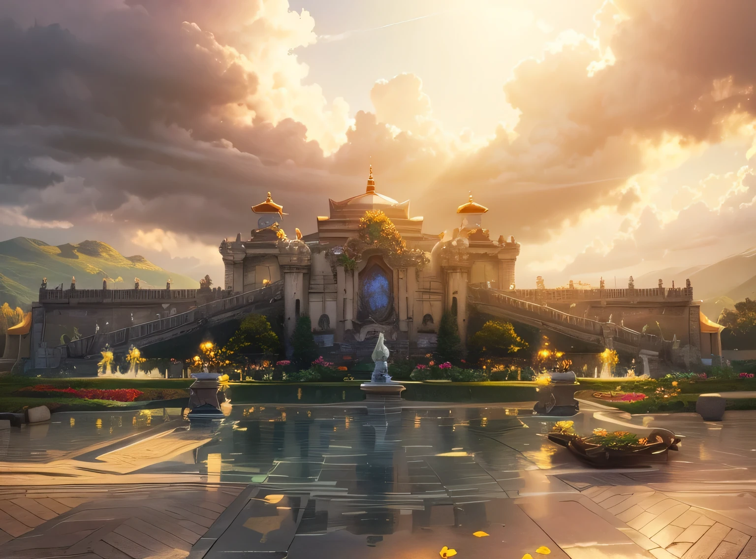 A beam of sunlight punctures the clouds,(garden grower many flowers and fruits 1.2),(like a utopia:1.1),tranquility,peace,(castle:1.2),utopia (garden, fountain, animal statue:1.2). Fog,distant mountains. Fine details,best quality,film lighting,real scenes,realistic style,concept art. Garden,(Warm sunshine, flowers:1.5),beautiful bright sky,(beautiful clouds:1.2),(Best picture quality, 4k,8k, High quality, Masterpiece :1.2), ultra-detailed, (Realistic, realistic, realistic :1.37), fantastical, surreal, ethereal, mythological, cloudy, stunning views, impressive, dreamlike, detailed design, gorgeous architecture, golden sunrise, magical atmosphere, intricate details, floating garden, Elegant spires, imposing structures, solitude, tranquility, dazzling, colored stone carving, dim lights, fleeting clouds, delicate wisps, luminous, otherworldly, serene, celestial, soaring, serene, luminous, transcendent beauty, transcendent realm, vivid colors, sunny gardens, airy, vibrant hues.
