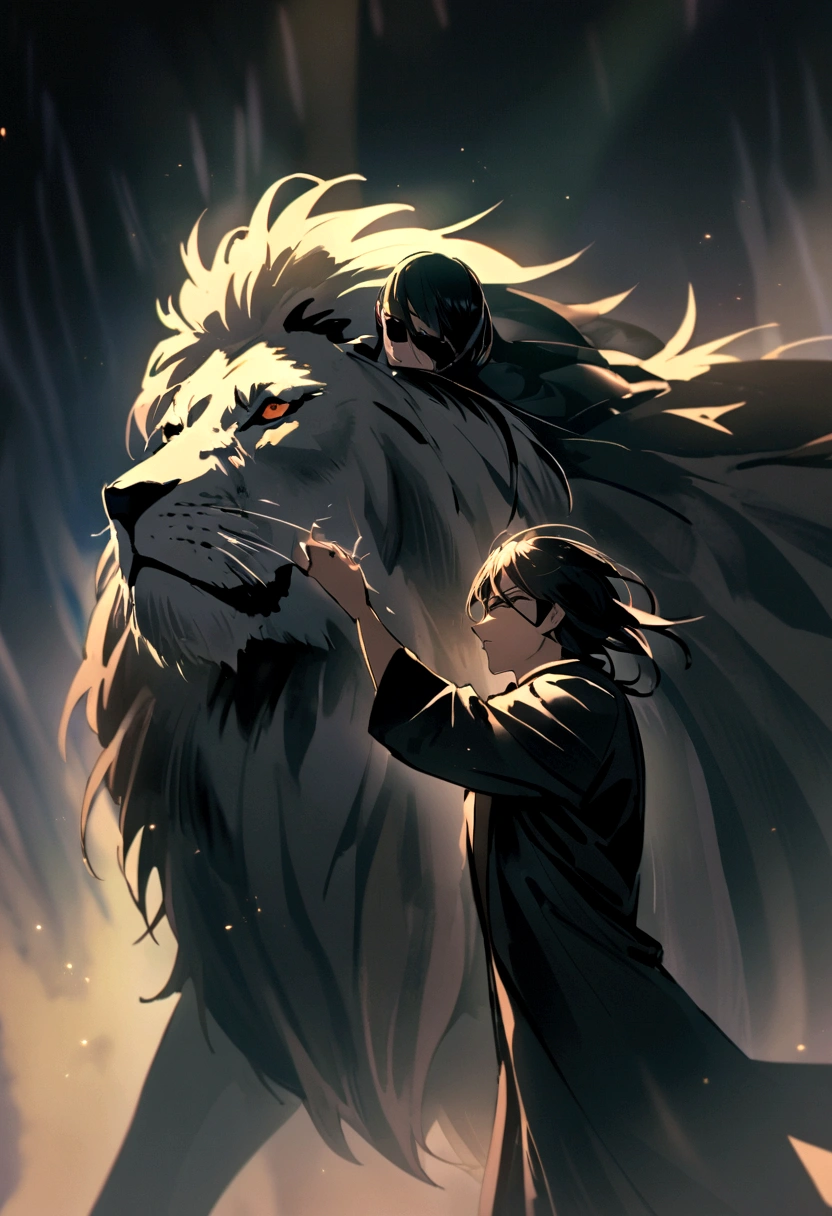 A man with black hair dressed in a black overcoat, carrying a katana stroking a lion. He has an eye patch and has the magical aura of a woman hovering over his body.