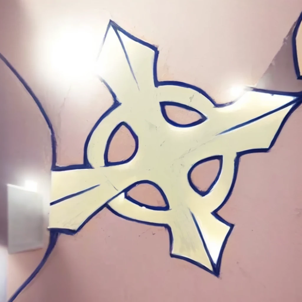 there is a drawing of a cross on a wall,