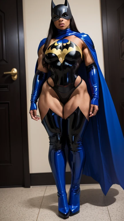 light skinned black woman, bodybuilder, batman outfit, red and blue, black cape, high heels, knee high boots, (((full body shots)))