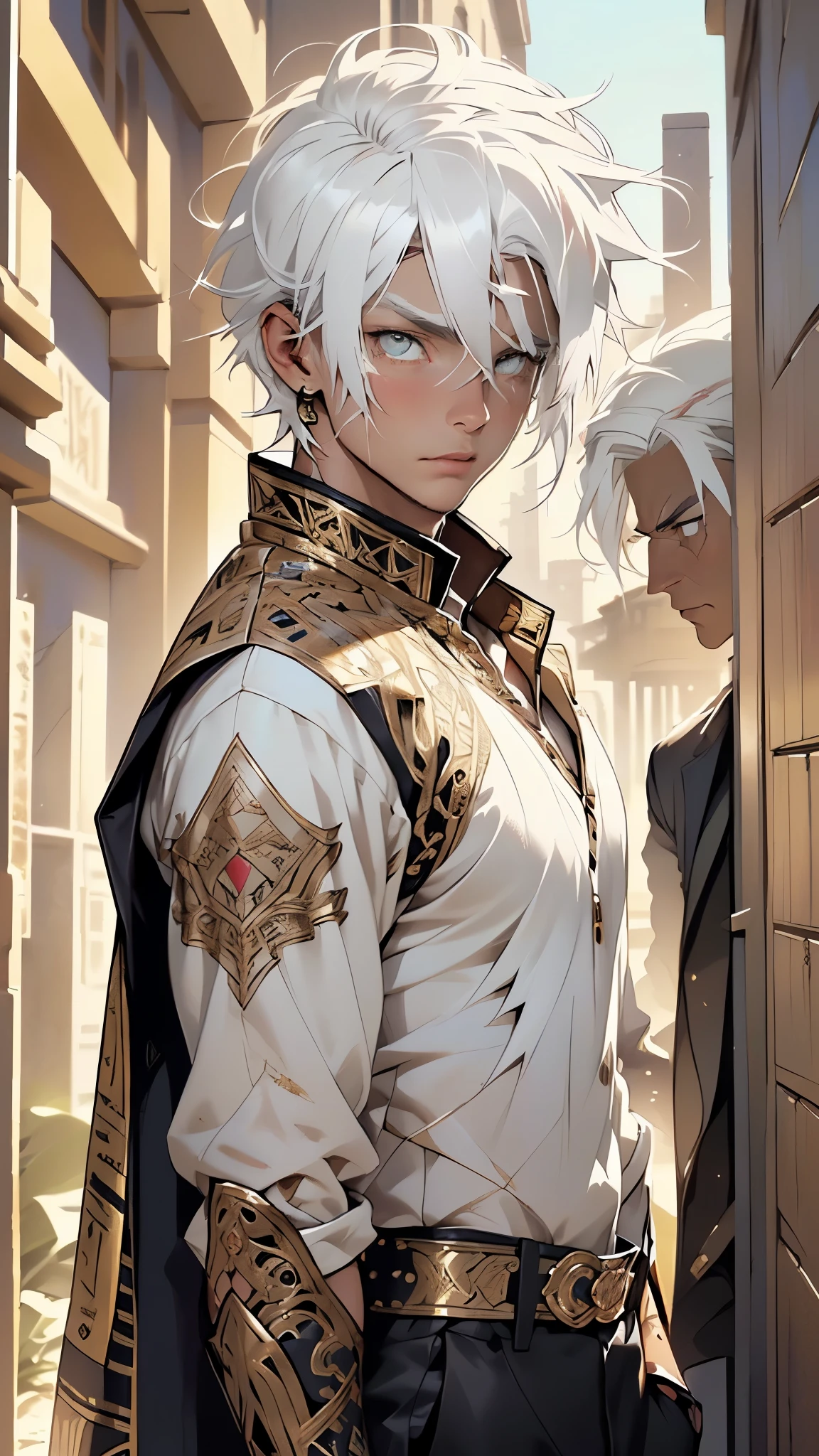 (male warrior) of ancient Egypt,Egyptian (warrior),((((1male,1 male, 1man, 1 man:1.5,man,male,male gender:1.5)))),((((Mature man,50 year old man,adult)))),macho man,
an Egyptian warrior, elegantly dressed in his armor, 40 years old,
The warrior wears imposing metal armor adorned with intricate details, copper armor, shoulder armor, ((on his head he wears an ornate helm)),
((((white hair:1.5))))((well-groomed beard)),
muscled body,
((scar on the eye:1.5)),(((eyes golden:1.3))),intricate eyes,beautiful detailed eyes,symmetrical eyes,symmetrical eyes:1,man chest,(((lustrous skin:1.5,tanned skin,bright skin: 1.5,skin tanned,shiny skin,very shiny skin,shiny body))),perfect face,(detailed face),
opulent,sumptuous,
egyptian accessories,usekh collar,egypt warrior armor,((Egyptian heavy armor)),arabic pants,((bulge in pants)),(((intricate outfit,embroidered outfit,ornate outfit,intricate clothes,embroidered clothes,ornate clothes))),
dynamic pose,looking at viewer,angry ,centered,scale to fit dimensions,Rule of thirds,
outdoors,(egyptian desert,egyptian desert background,pyramids in the background),scenery,extremely scenery,clouds,Egypt style,palms,(sunset, golden hour),
(Glossy Egyptian ornaments),highres,sharp focus,(ultra detailed,extremely detailed),(photorealistic artwork:1.37),(extremely detailed CG unity 8k wallpaper),(((vibrant colors,vibrant theme))),(intricate),(masterpiece),(best quality),artistic photography,(photography taken by sldr),(intricate background),perfect rendered face,perfect face details,realistic face,photo realistic,((intricate detail)),(((realism))),