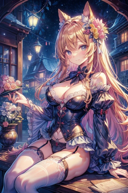 ((最high quality、8K、masterpiece:1.3)),high resolution、最high resolution、最high quality、high quality、Slender、Beautiful poopボディーライン、Beautiful poop大人の女性、huge 、Sexy Style、Accentuate your cleavage、Emphasize the chest、超detailedな、beautifully、aesthetic、Beautiful poop、masterpiece、Showing off cleavage)、garter belt、Beautiful poop女性は, (medium length yellow hair),、Cute smile, (Warm colors), Moist, Moist, Reflective plate, (Tabletop) 、(最high quality) (detailed) , (8K) (Studio Lighting) (Complex) , ((The flower arch is so fantastical and dreamy.)), Gorgeous, Fantastic fairy tale, A rich pastel color palette, Fantastic and dreamy theme, 夢のようなdetailed, Fairy tale setting:, (((A building with lots of flowers)))、Anime fantasy artwork, Anime fantasy illustration, Beautiful poopアートワークのイラスト, Beautiful poopアニメアートwork, Exquisite digital art, Complexな華やかなアニメCGIスタイル, Anime Art Nouveau Space Display, Beautiful poopアニメアート, Beautiful poopデジタル芸術作品, Beautiful poopファンタジーアニメ, detailed anime artwork, detailed Digital Anime Art, Dreamy psychedelic anime、Beautiful poop表現、Beautiful poop乳房、detailedな目、Clearly eye-catching, beautifullyて魅力的、Beautiful poop目、Tight waist、Beautiful poop白い肌、Red Crack、((Long hair decorated with flowers))、(Perfect female body:1.4)、（Sexy Underwear、garter belt、Enamel Bondage Costume)