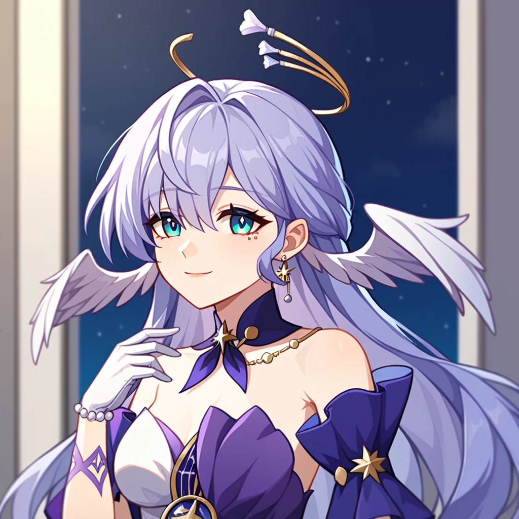 1girl, robin_\(honkai:_star_rail\), bare_shoulders, head_wings, white_dress, white_gloves, detached_sleeves, short_sleeves, aqua_eyes, long_hair, halo, purple_dress, hair_between_eyes, earrings, purple_hair