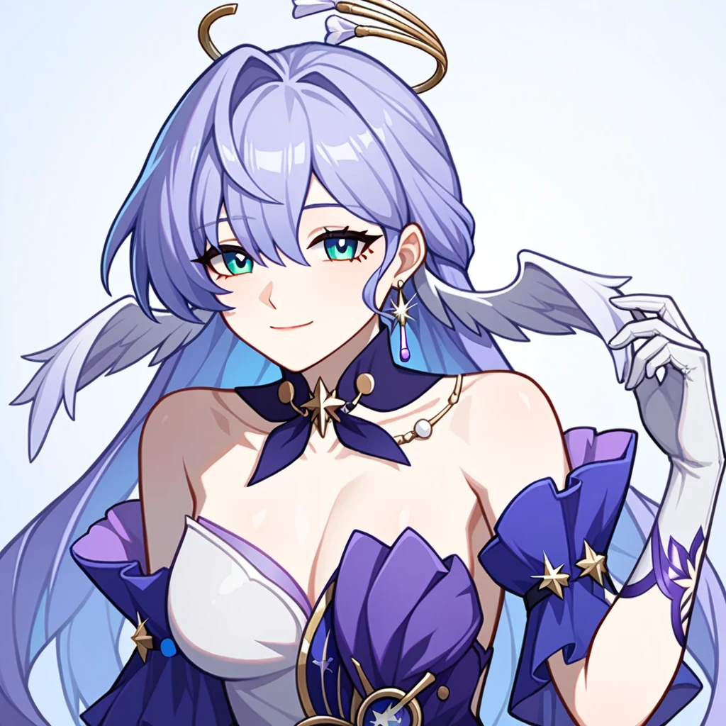 1girl, robin_\(honkai:_star_rail\), bare_shoulders, head_wings, white_dress, white_gloves, detached_sleeves, short_sleeves, aqua_eyes, long_hair, halo, purple_dress, hair_between_eyes, earrings, purple_hair