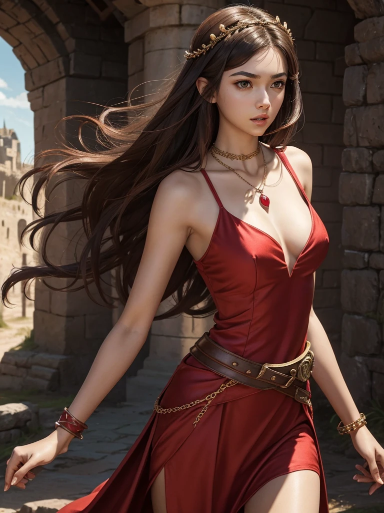 8K. A princess warrior in a fantasy setting with a brown floating hair. Wearing a sexy red silky armory princess dress no pants. cleavage. Red Ruby stone necklace. Crown on the head. Bracelets. She is rather slim. Very small breasts. Small hips and long thin legs. White skin. A narrow soft face. Soft round chin. A very long and big nose. Cute curved lips. Big upturned eyes. Very bright and barley visible eyebrows. Very very thin eyebrows. Long neck. Courageous and Adventurous personality. backgrounds: battlefield. Castle. Red Sword. Fighting scene. dynamic pose