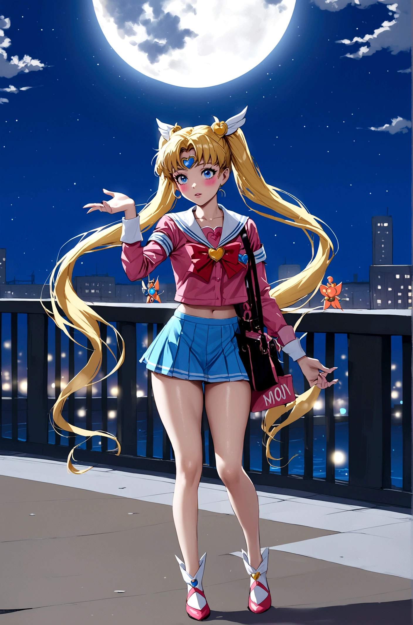 sailor moon, full body cinematic shot, ultrarealistic, 1 girl, (magical girl:1.4), long yellow hair in pony tails, (blue opal eyes), (crystals, shimmer bokeh), sailor scout uniform, wide hips, small waist, tan skin, collarbone, parted lips, makeup, blush, shiny skin, night, reflection, full moon, moonlight, rose