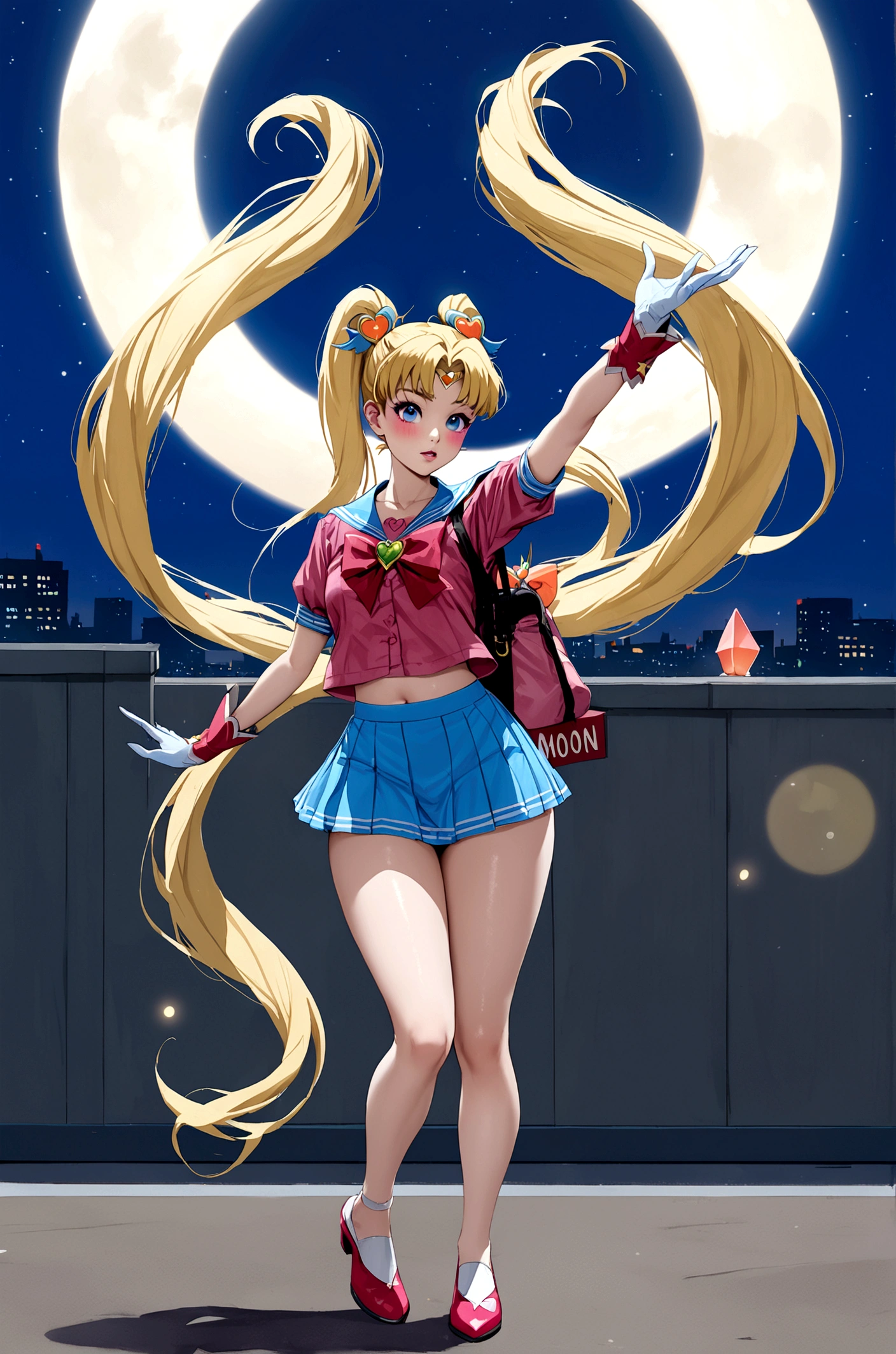 sailor moon, full body cinematic shot, ultrarealistic, 1 girl, (magical girl:1.4), long yellow hair in pony tails, (blue opal eyes), (crystals, shimmer bokeh), sailor scout uniform, wide hips, small waist, tan skin, collarbone, parted lips, makeup, blush, shiny skin, night, reflection, full moon, moonlight, rose
