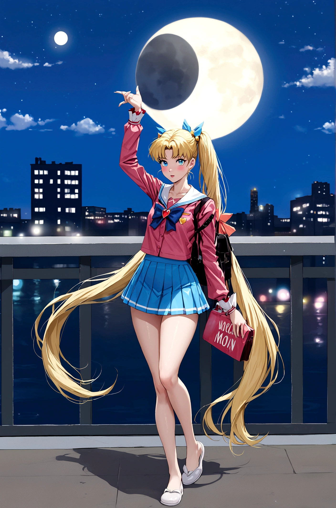 sailor moon, full body cinematic shot, ultrarealistic, 1 girl, (magical girl:1.4), long yellow hair in pony tails, (blue opal eyes), (crystals, shimmer bokeh), sailor scout uniform, wide hips, small waist, tan skin, collarbone, parted lips, makeup, blush, shiny skin, night, reflection, full moon, moonlight, rose