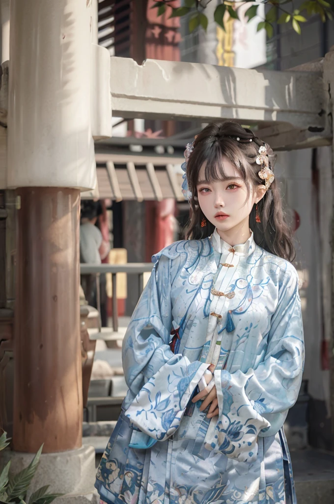 22 years old girl,dark brown hair, wavy long hair, a chinese style hanfu with blue porcelain color, natural medium breast,modern cinematic lighting,ray tracing, posing at chinese pavilion, drop shadow wide shot UHD,textured skin,high details,best quality 4K