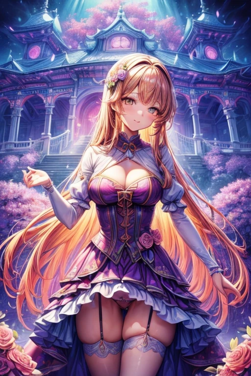 ((最high quality、8K、masterpiece:1.3)),high resolution、最high resolution、最high quality、high quality、Slender、Beautiful poopボディーライン、Beautiful poop大人の女性、huge 、Sexy Style、Accentuate your cleavage、Emphasize the chest、超detailedな、beautifully、aesthetic、Beautiful poop、masterpiece、Showing off cleavage)、garter belt、Beautiful poop女性は, (medium length yellow hair),、Cute smile, (Warm colors), Moist, Moist, Reflective plate, (Tabletop) 、(最high quality) (detailed) , (8K) (Studio Lighting) (Complex) , ((The flower arch is so fantastical and dreamy.)), Gorgeous, Fantastic fairy tale, A rich pastel color palette, Fantastic and dreamy theme, 夢のようなdetailed, Fairy tale setting:, (((A building with lots of flowers)))、Anime fantasy artwork, Anime fantasy illustration, Beautiful poopアートワークのイラスト, Beautiful poopアニメアートwork, Exquisite digital art, Complexな華やかなアニメCGIスタイル, Anime Art Nouveau Space Display, Beautiful poopアニメアート, Beautiful poopデジタル芸術作品, Beautiful poopファンタジーアニメ, detailed anime artwork, detailed Digital Anime Art, Dreamy psychedelic anime、Beautiful poop表現、Beautiful poop乳房、detailedな目、Clearly eye-catching, beautifullyて魅力的、Beautiful poop目、Tight waist、Beautiful poop白い肌、Red Crack、((Long hair decorated with flowers))、(Perfect female body:1.4)、(Sexy Underwear、garter belt、Enamel Bondage Costume)