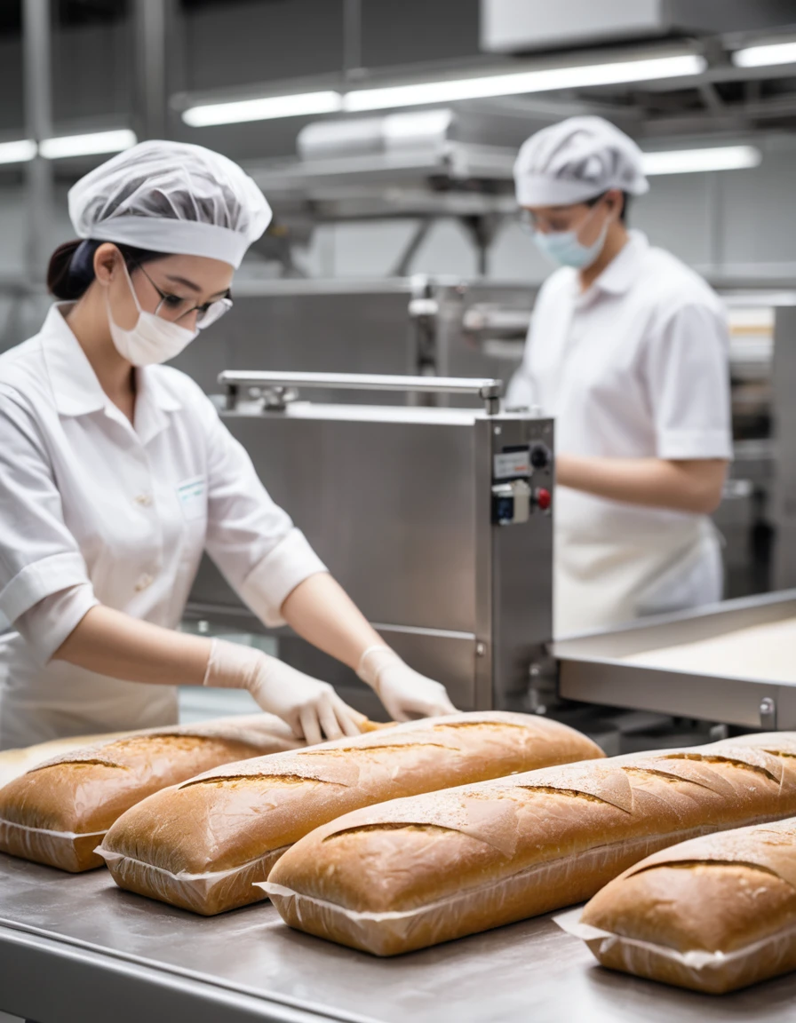 Show bread being carefully packaged on a clean, modern production line. Focus on packaging details, showing the bread brand and slogan.