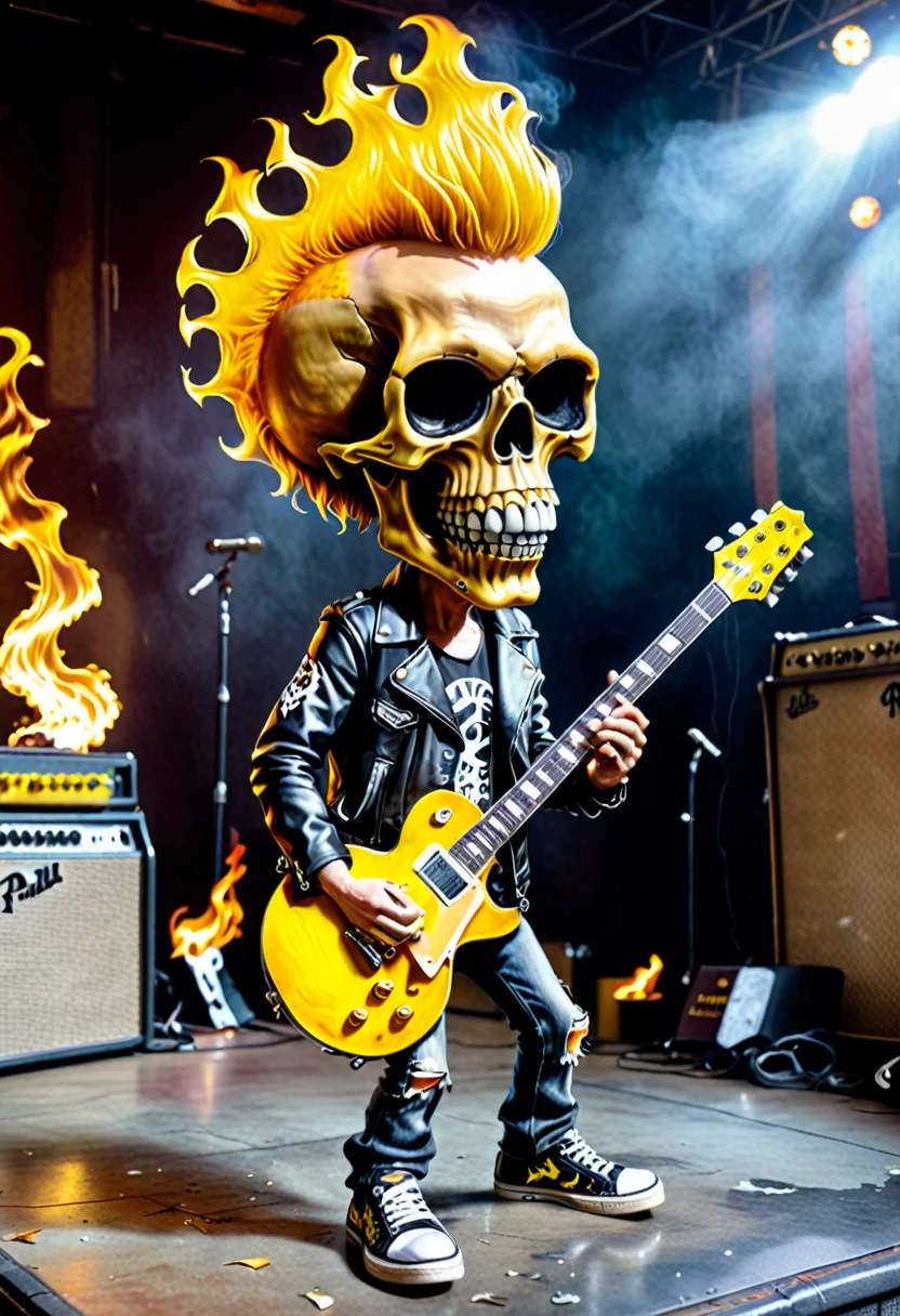 funny caricature, a rocker Misfits band skull, worn black leather jacket, old torn black jeans, yellow all stars sneakers, big head, , playing the les paul guitar in transparent translucent flames, artistic photo, free camera