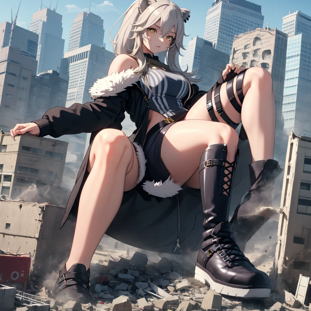 (giantess:1.5),1girl, building between thighs, ////////////// ,building,crowd, goth girl, jacket, yellow eyes, grey hair,Shishiro Boatn,outfit 1,lion girl,solo 1girl,GtsGiga, Rampage, giantess art,leg high boots,takker than the city,kaiju