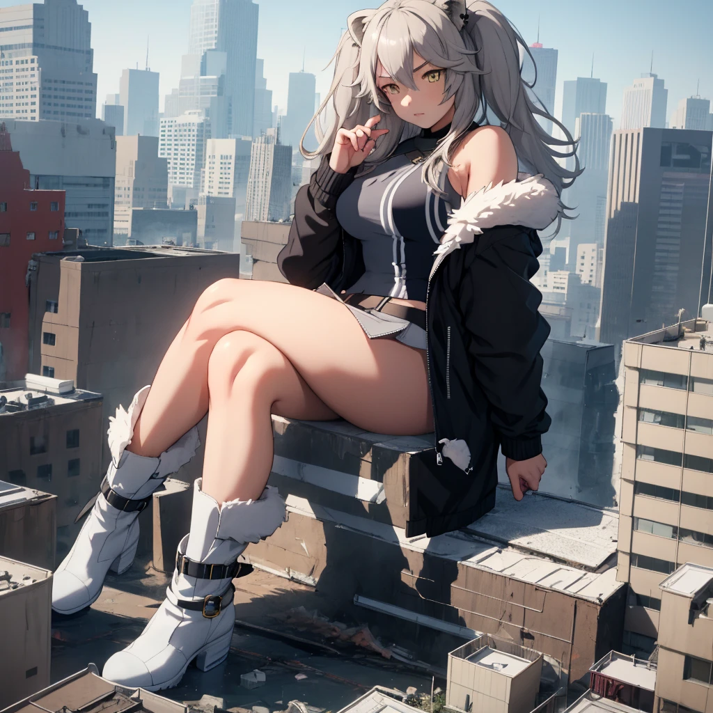 (giantess:1.5),1girl, building between thighs, ////////////// ,building,crowd, goth girl, jacket, yellow eyes, grey hair,Shishiro Boatn,outfit 1,lion girl,solo 1girl,GtsGiga, Rampage, giantess art,leg high boots,takker than the city,kaiju