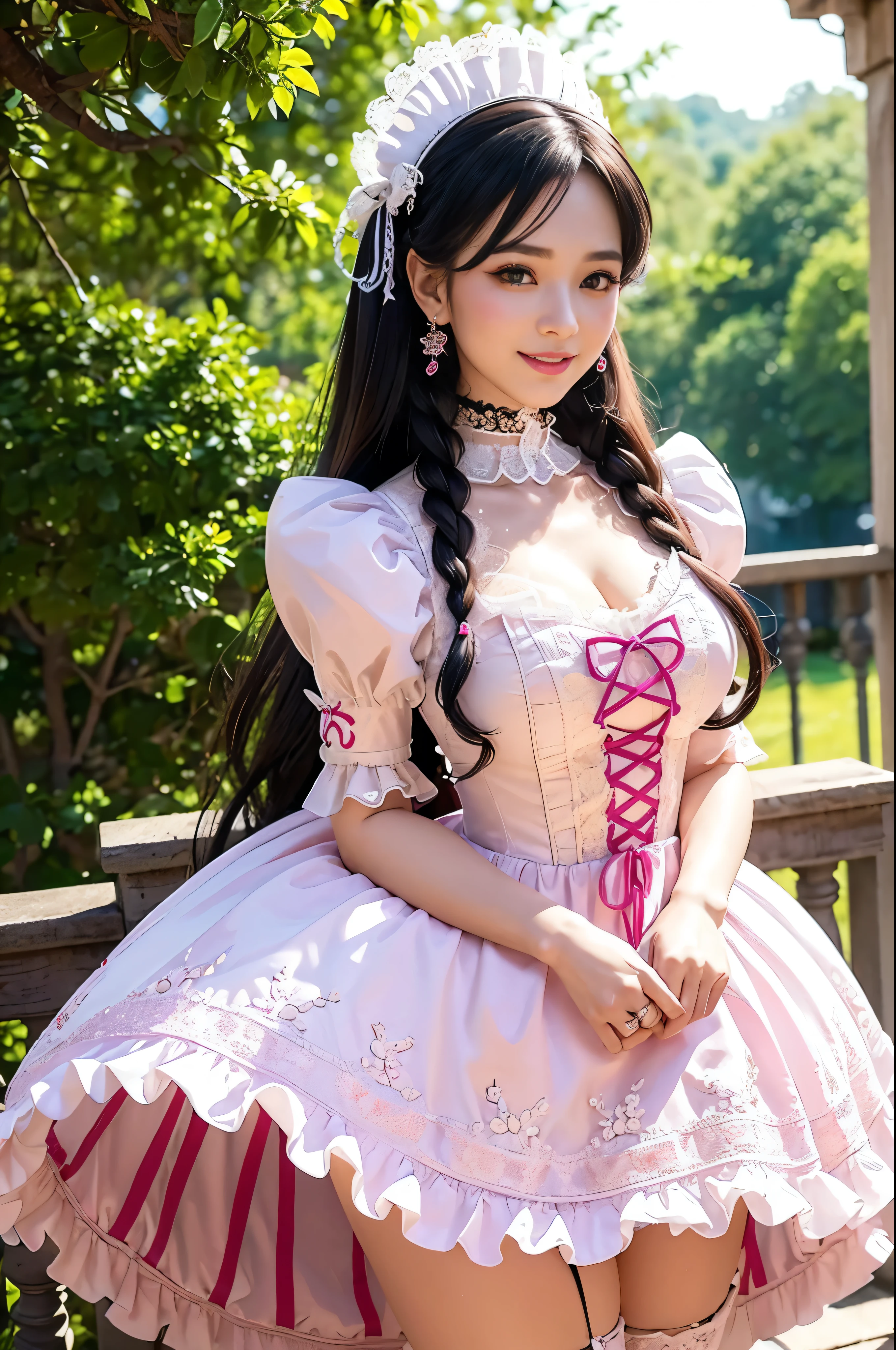 Sexy fashion Thai model, Only 1 female, ((Doll-like appearance)), Neon Pink Stylish Long Hair, ((Very exquisite Victorian style boots)), (A bright smile), Extremely detailed eyes, Very detailed eye makeup, Lip Gloss, Long eyelashes, Clear eyebrows, ((Sexy sweet lolita role play)), Bell skirt, petticoat, High neckline, Puff sleeves, ((Ultra-fine lace)), ((Ultra-fine embroidery)), Intricate details, animal, fairy tales, Heart-shaped bag, Sweet Lolita Accessories, Large bow, Sweet Lolita Necklace, ((Large Shiny Sweet Lolita Jewelry)), Movie Lighting, Detailed large park background with trees