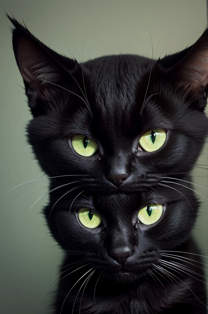 A furry black cat with green eyes 