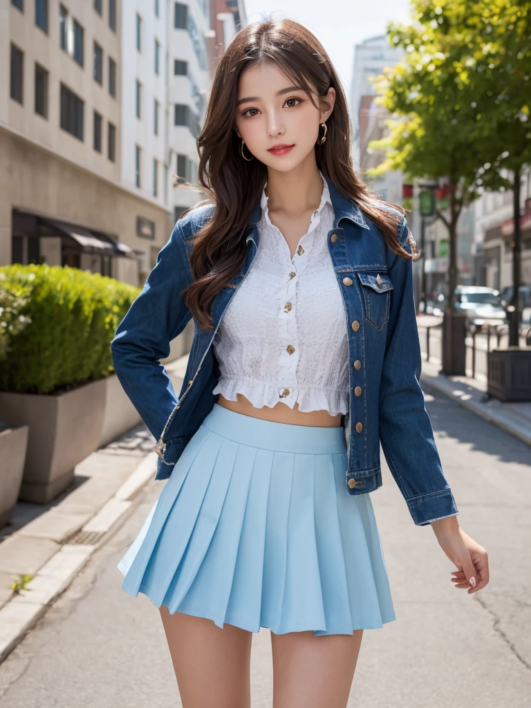 (high quality,masterpiece,4k,8k,high resolution),cute girl,A multi-layered frill skirt, a light blue shirt and a fitted short jacket,Multi-layered ruffle skirt、shiny colors,