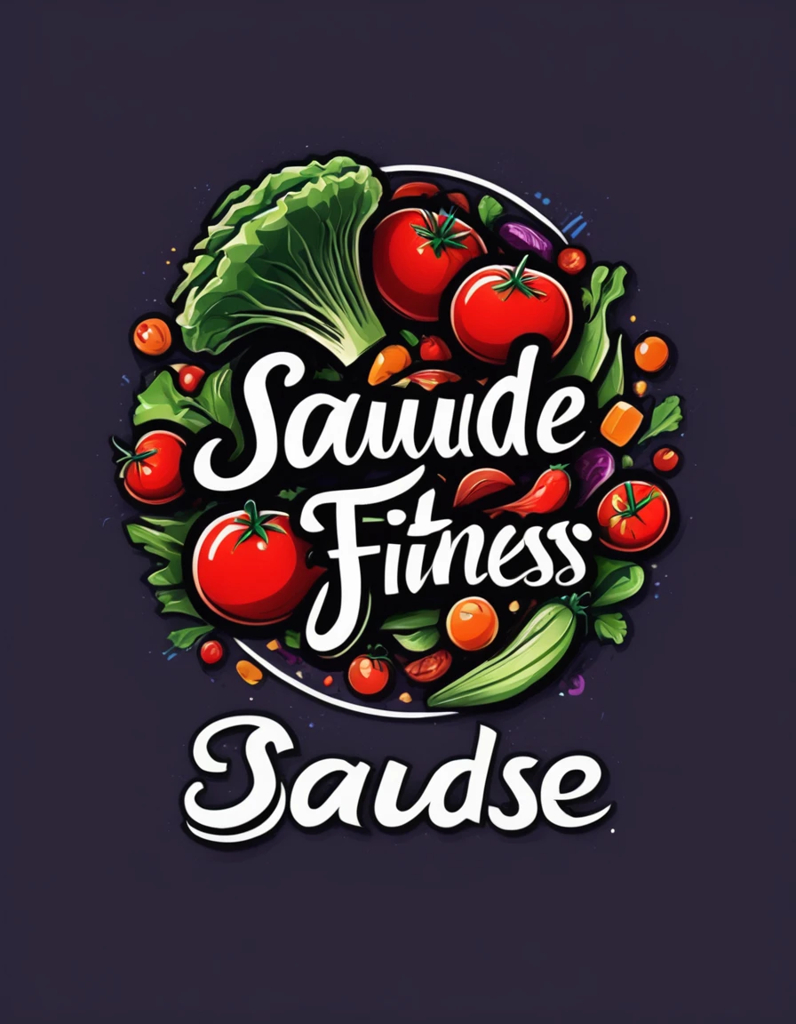 Create a logo featuring the words "Saude Fitness" in a stylized script at the center. Surround the text with detailed illustrations of healthy foods including tomatoes, lettuce, steak and chicken filet. Use vibrant colors to convey health and vitality associated with fitness and nutrition.