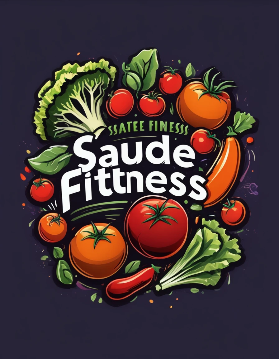 Create a logo featuring the words "Saude Fitness" in a stylized script at the center. Surround the text with detailed illustrations of healthy foods including tomatoes, lettuce, steak and chicken filet. Use vibrant colors to convey health and vitality associated with fitness and nutrition.