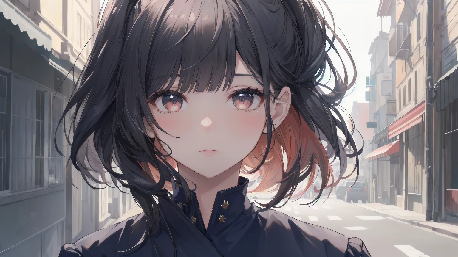 1 female.(Photorealistic cute face).(Ultra-detailed:1.4).Bust Shot.16K.Navy Blue School Costume.Cutting blunt bangs.Highest.Masterpiece.Red Eyeliner.