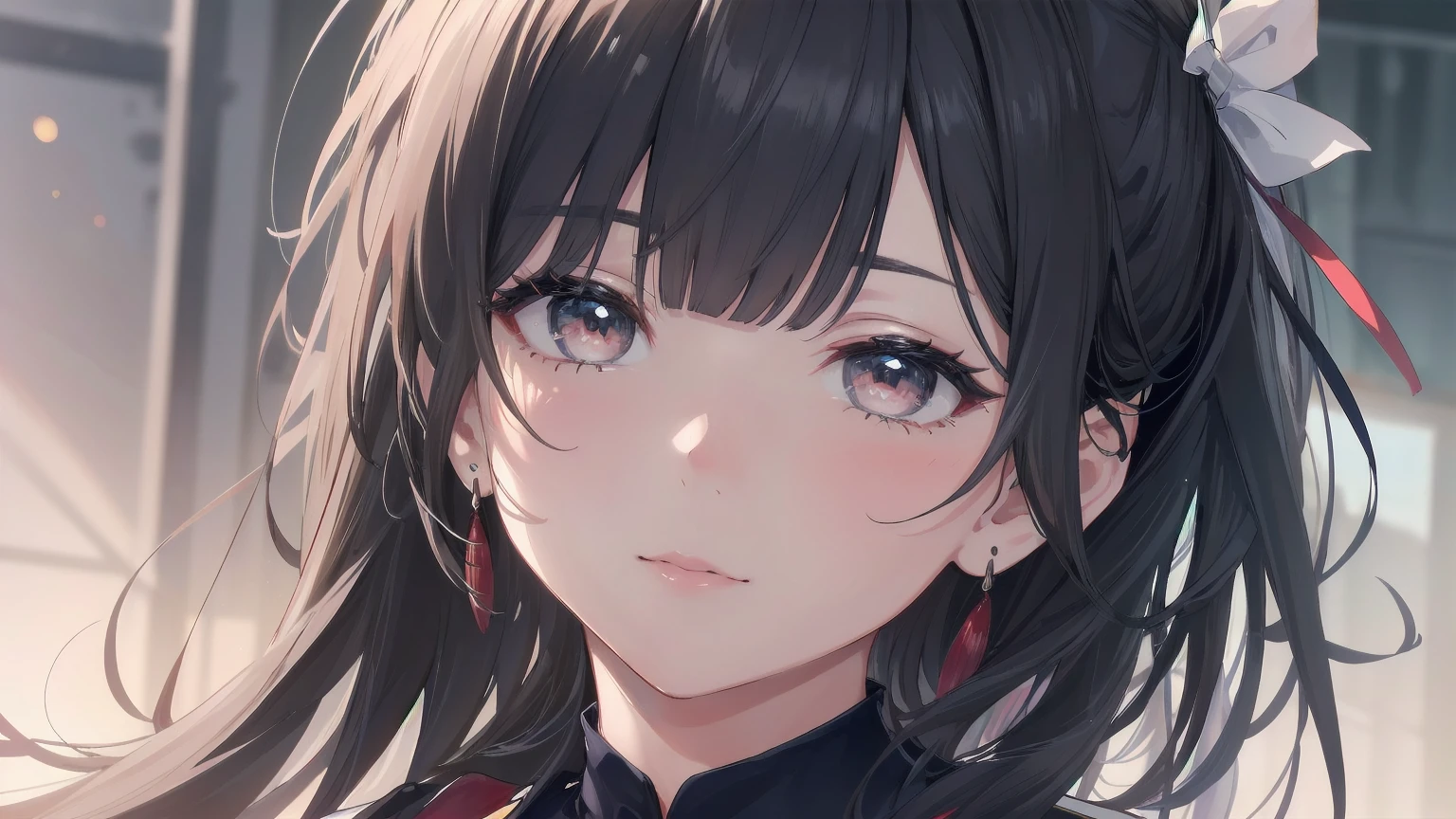 1 female.(Photorealistic cute face).(Ultra-detailed:1.4).Bust Shot.16K.Navy Blue School Costume.Cutting blunt bangs.Highest.Masterpiece.Red Eyeliner.