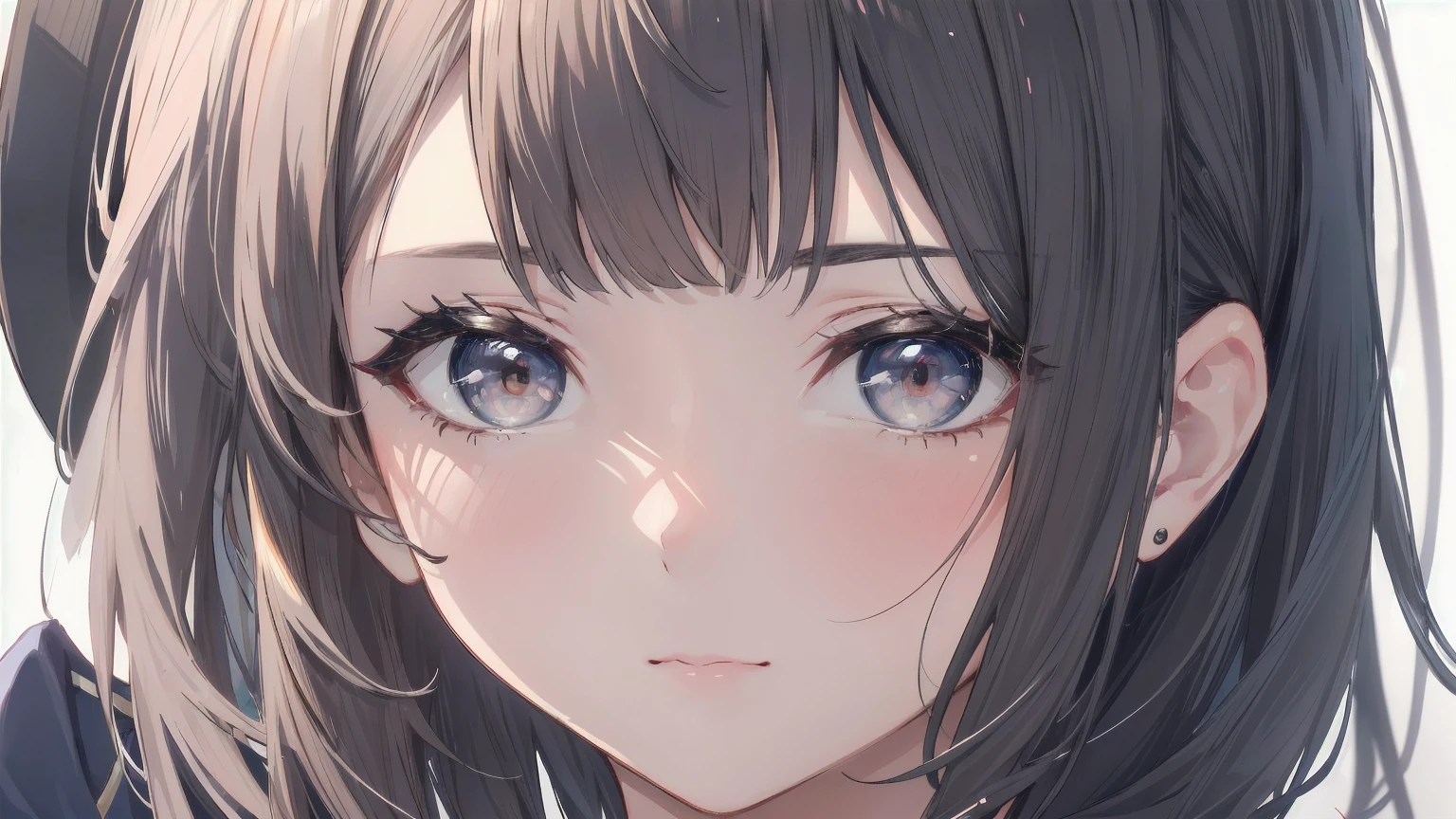 1 female.(Photorealistic cute face).(Ultra-detailed:1.4).Bust Shot.16K.Navy Blue School Costume.Cutting blunt bangs.Highest.Masterpiece.Red Eyeliner.