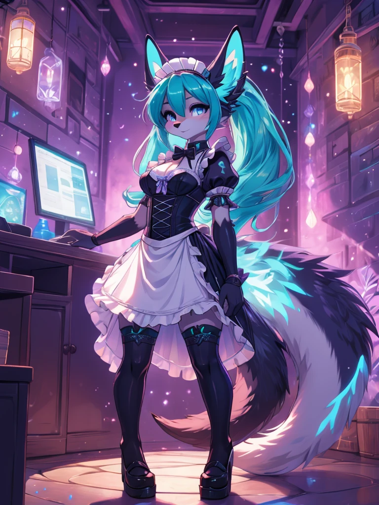 Miku Hatsune x vixen, vista de cuerpo completo alta definicion, celosa, manos juntas molesta, alta definicion, purple iris, add_detail:1, full body image add_detail:1, maid costume add_detail:1, bioluminicent body in blue add_detail:1, beatifull intense purple irir, add_detail:1 radiant girl add_detail, fluffly long tail add_detail:1