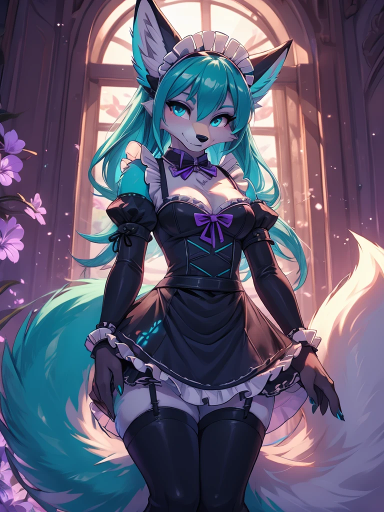 Miku Hatsune x vixen, vista de cuerpo completo alta definicion, celosa, manos juntas molesta, alta definicion, purple iris, add_detail:1, full body image add_detail:1, maid costume add_detail:1, bioluminicent body in blue add_detail:1, beatifull intense purple irir, add_detail:1 radiant girl add_detail, fluffly long tail add_detail:1
