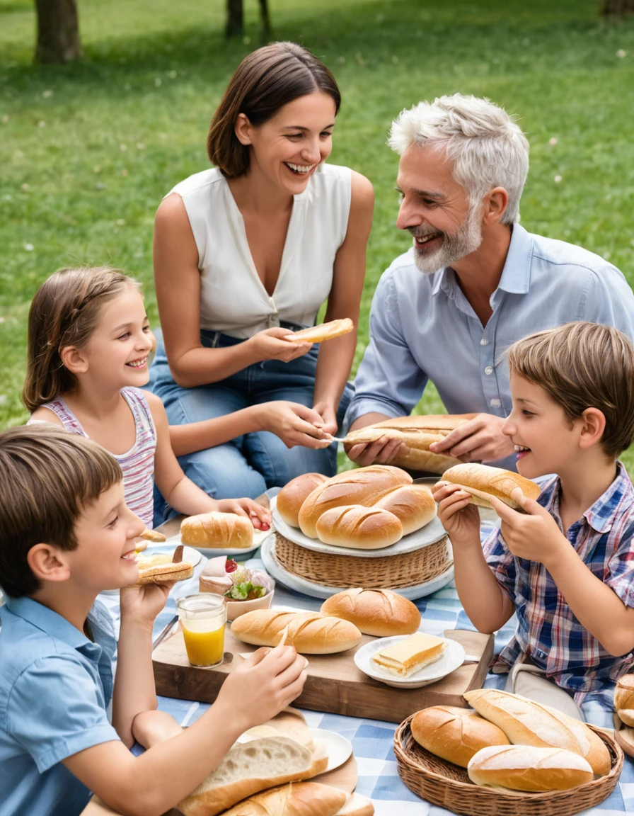 Show several people of different ages and backgrounds enjoying the bread: a family at the table, a boy eating a sandwich, friends sharing a baguette at a picnic.