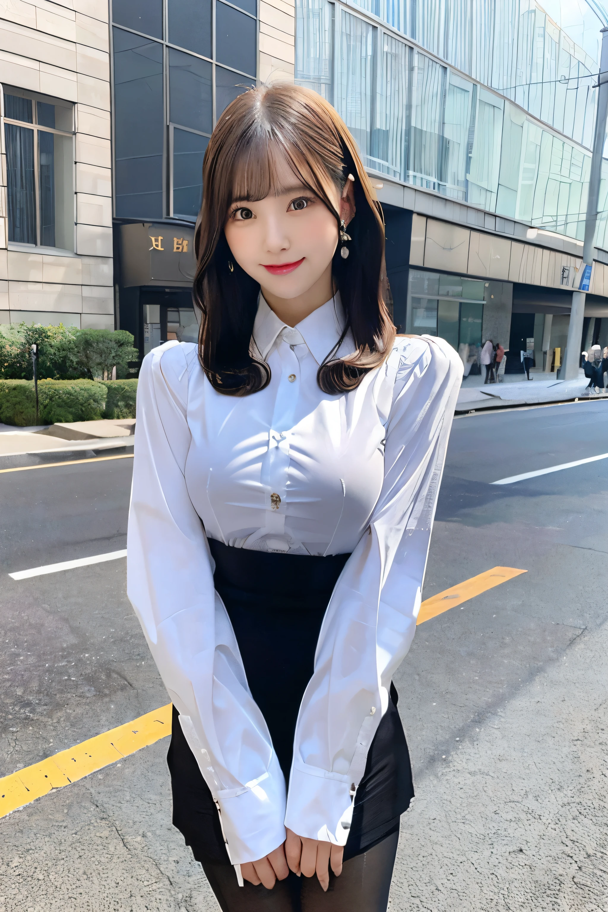 (8K, Best quality, masterpiece:1.2), (Practical, photo-Practical:1.37), Extremely detailed, 1 girl, whole body, Stand outdoors, (Adjust Hair:1.8) Office female staff, Black office suit, Office skirt, (Pantyhose:1.5), (Cropped button down shirt:1.3), Button up the collar, Button collar, OK, (Pantyhose:1.5), Alpha Layer, High heel, Beautiful earrings, Lovely, Solitary, Beautiful and detailed sky, (Smile:1.15), (Shut up), Large Breasts, Beautiful and delicate eyes, business attire, (short hair:1.2), NovaFrogStyle,