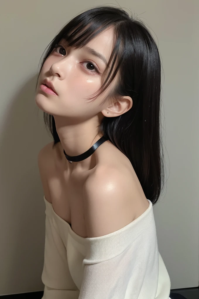 ((Highest quality)), ((masterpiece)), (detailed), Perfect Face, she is flat ,, small girl,  Black Bob, forehead, ((Frightened expression)), (crying), ((Off the shoulder)), choker, ahegao, looking at viewer, looking up,((single eyelid)), arms behind back, leaning forward, front face, close up, kneeling