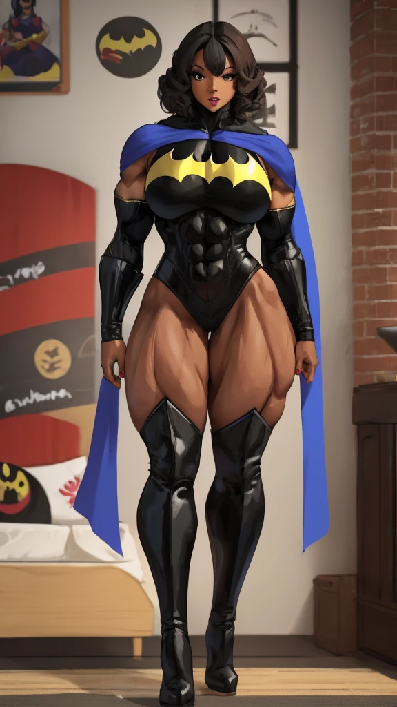light skinned black woman, bodybuilder, batman outfit, red and blue, black cape, high heels, knee high boots, (((full body shots)))