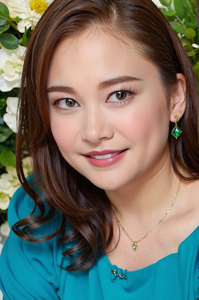 
Ultra-high resolution, Superior Quality, highest quality, Very detailed, Realistic, 8k, RAW Photos, highest quality, masterpiece, Attractive girl, Awesome girl, Brown Hair,Wavy Hair、 Shoulder-length layers, Mesh Hair, Japanese Idols, ear piercing、stylish, blouse,smile、Beautiful teeth alignment. green eyes. Contact lens. Chubby cheek.