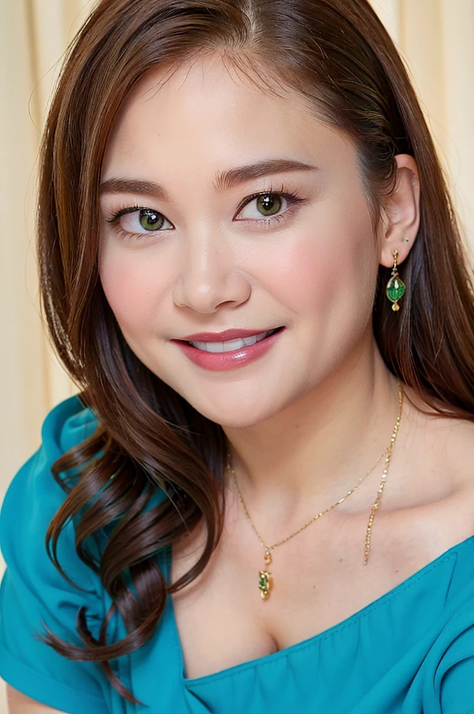 Ultra-high resolution, Superior Quality, highest quality, Very detailed, Realistic, 8k, RAW Photos, highest quality, masterpiece, Attractive girl, Awesome girl, Brown Hair,Wavy Hair、 Shoulder-length layers, Mesh Hair, Japanese Idols, ear piercing、stylish, blouse,smile、Beautiful teeth alignment. green eyes. Contact lens. Chubby cheek.