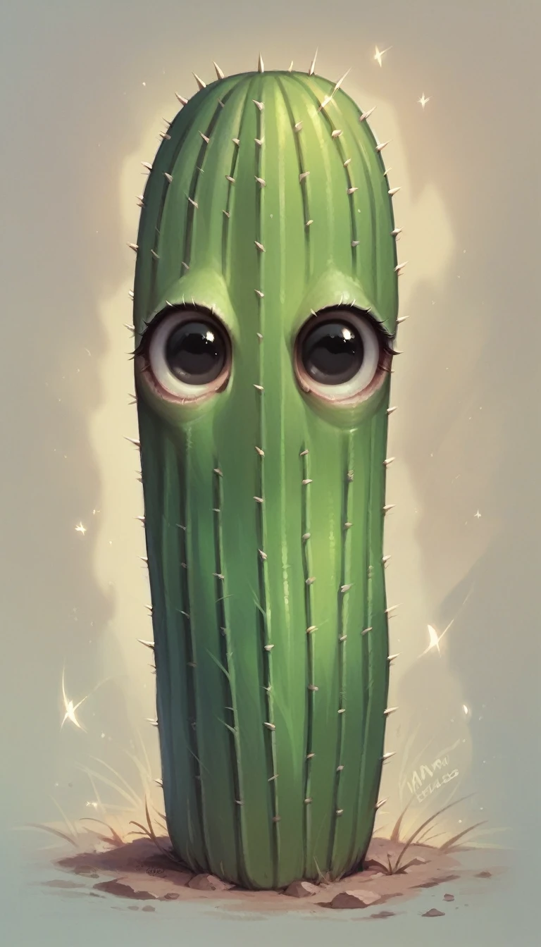 (Cute cactus monster:1.2), tiny, totally black eyes, (realistic)