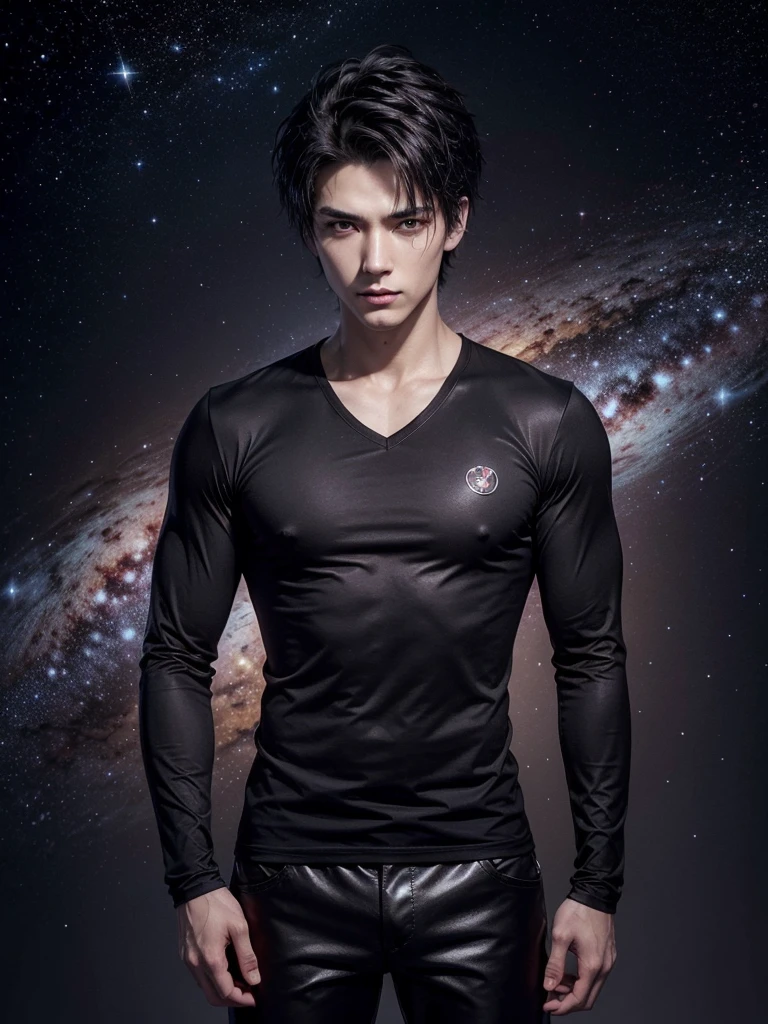 an attractive handsome man with a slender, muscular torso, short messy spiky reddish black hair, black eyes, wearing a costume consisting of a red long-sleeved shirt with a V-neck, the costume shirts have the silver lotus symbol with purple tips, and black pants background the constellation galaxy