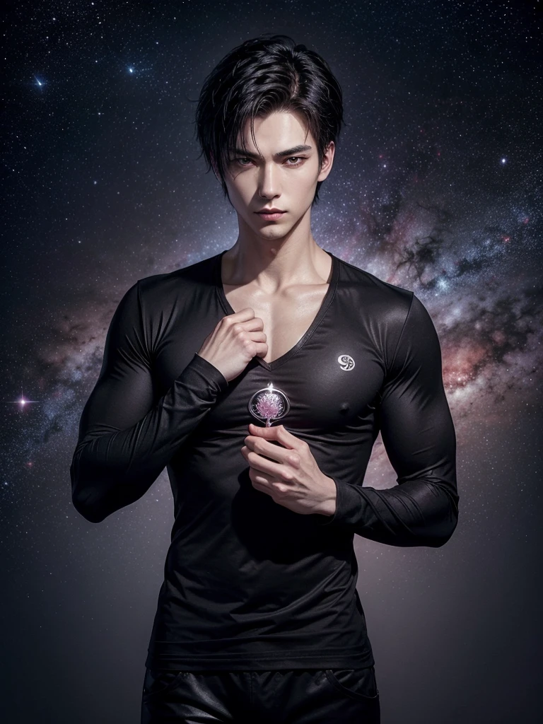 an attractive handsome man with a slender, muscular torso, short messy spiky reddish black hair, black eyes, wearing a costume consisting of a red long-sleeved shirt with a V-neck, the costume shirts have the silver lotus symbol with purple tips, and black pants background the constellation galaxy