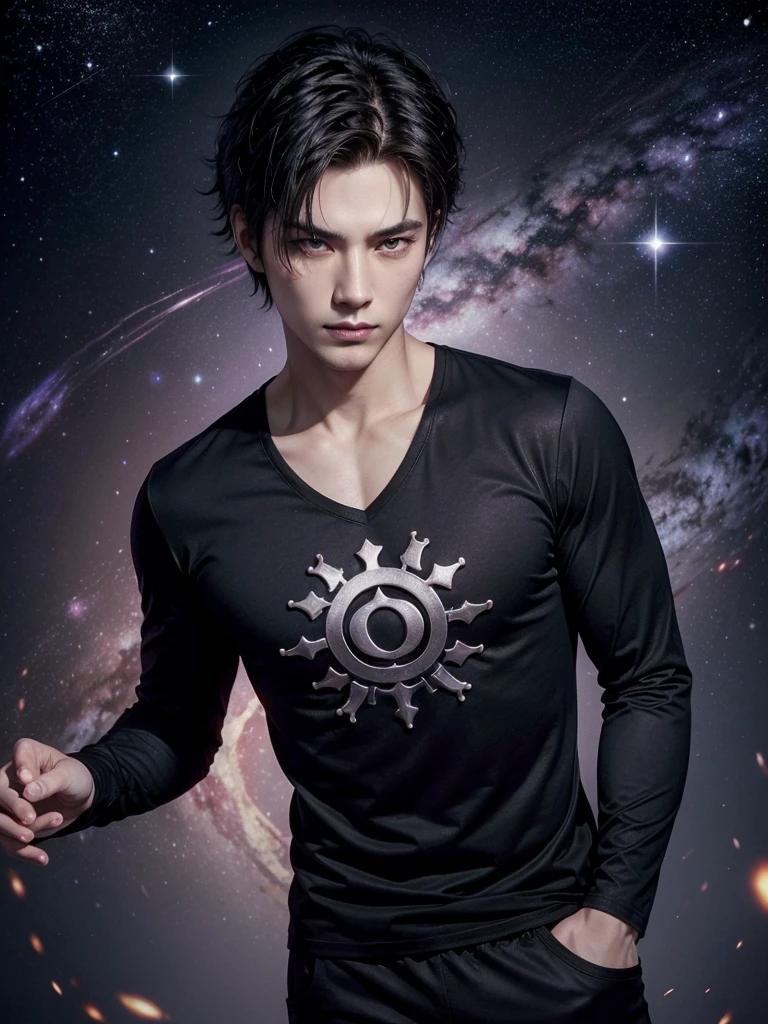 an attractive handsome man with a slender, muscular torso, short messy spiky reddish black hair, black eyes, wearing a costume consisting of a red long-sleeved shirt with a V-neck, the costume shirts have the silver lotus symbol with purple tips, and black pants background the constellation galaxy