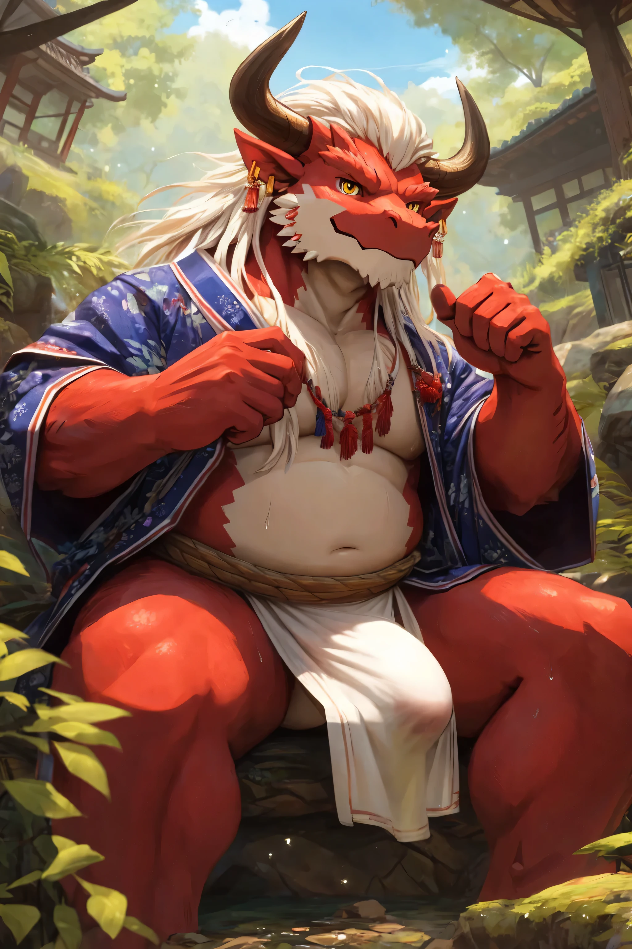 ultra-detailed, masterpiece, masterwork, high quality, best quality, hdr, (nature, japanese style), nsfw, male, solo, chibi, dragon, ((bare yukata, bulge loincloth, white loincloth)), (little red body minotaur), (white chubby body), (long golden hair, yellow eyes, cool eyes), sitting, dynamic angle, earrings, sweat